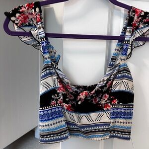 Floral ruffle sleeve tank crop top